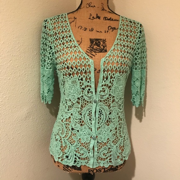 Questions by Say What Tops - MOVING SALE-Questions Seafoam Green Crochet Knit Button Top